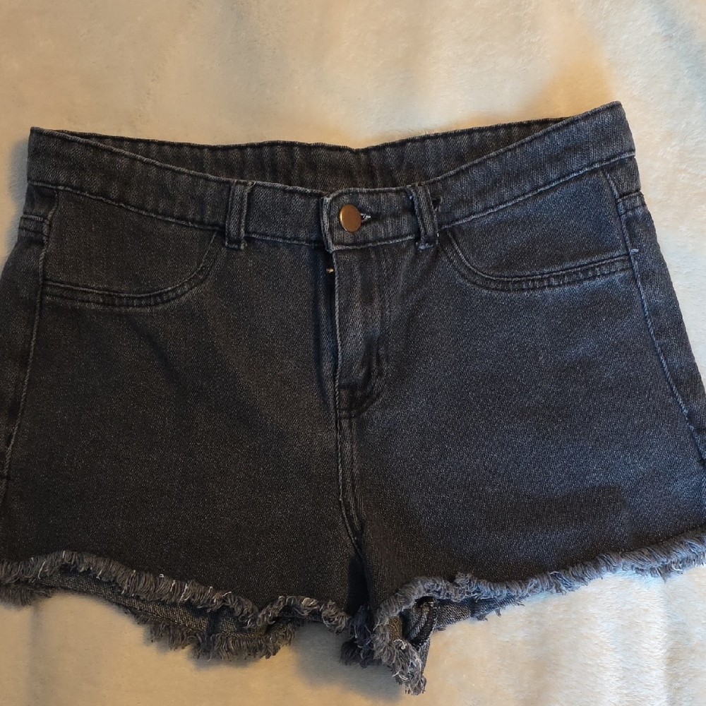 Blue Jean Boyfriend Cut off Girls Stretch Jean Shorts w Fringe Junior's LG